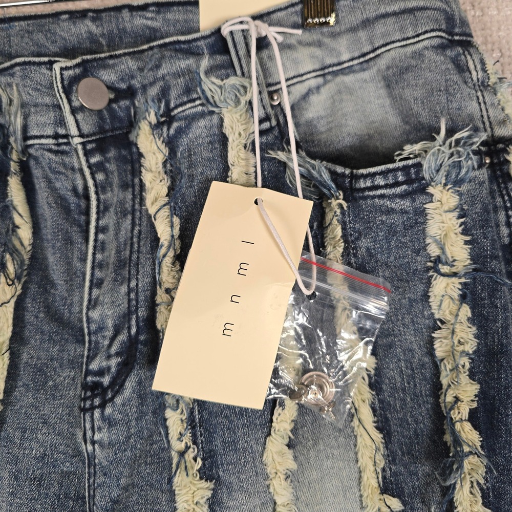 MNML X641 Stacked Ultra Rip Lined Denim Jeans Blue Distressed Fringe 32x36 - Picture 7 of 9